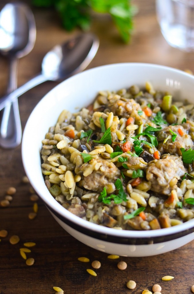 Sweet Italian Sausage with Lentils and Orzo