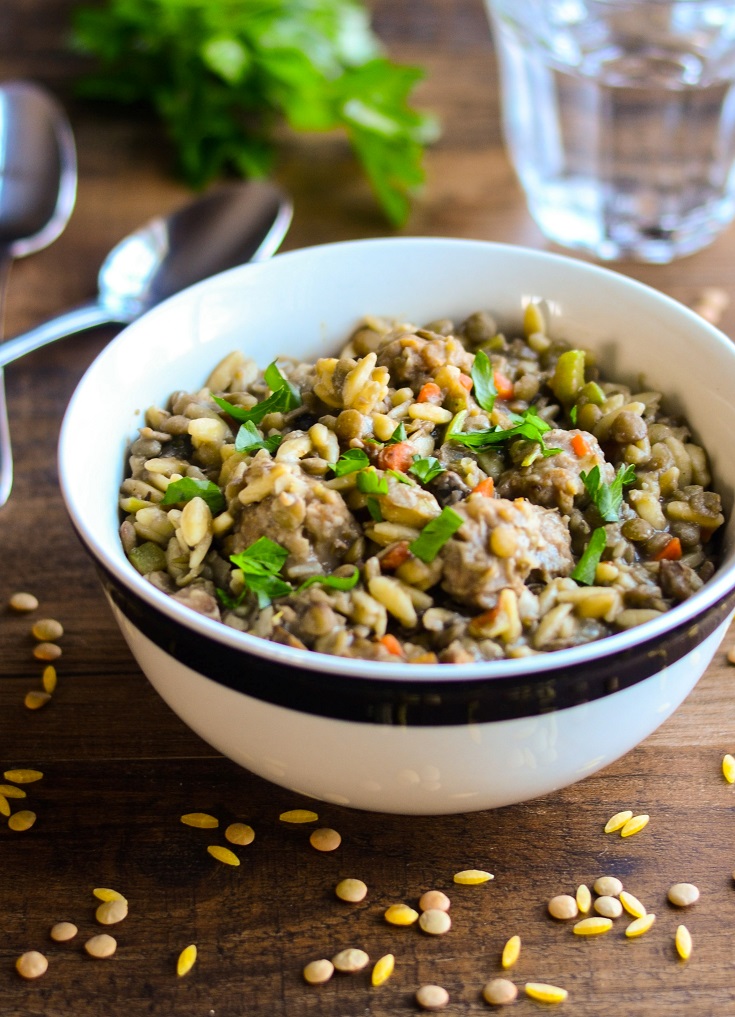 Sweet Italian Sausage with Lentils and Orzo