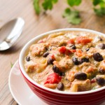 Cheesy, Pork Guiso Verde with Black Beans and Red Pepper