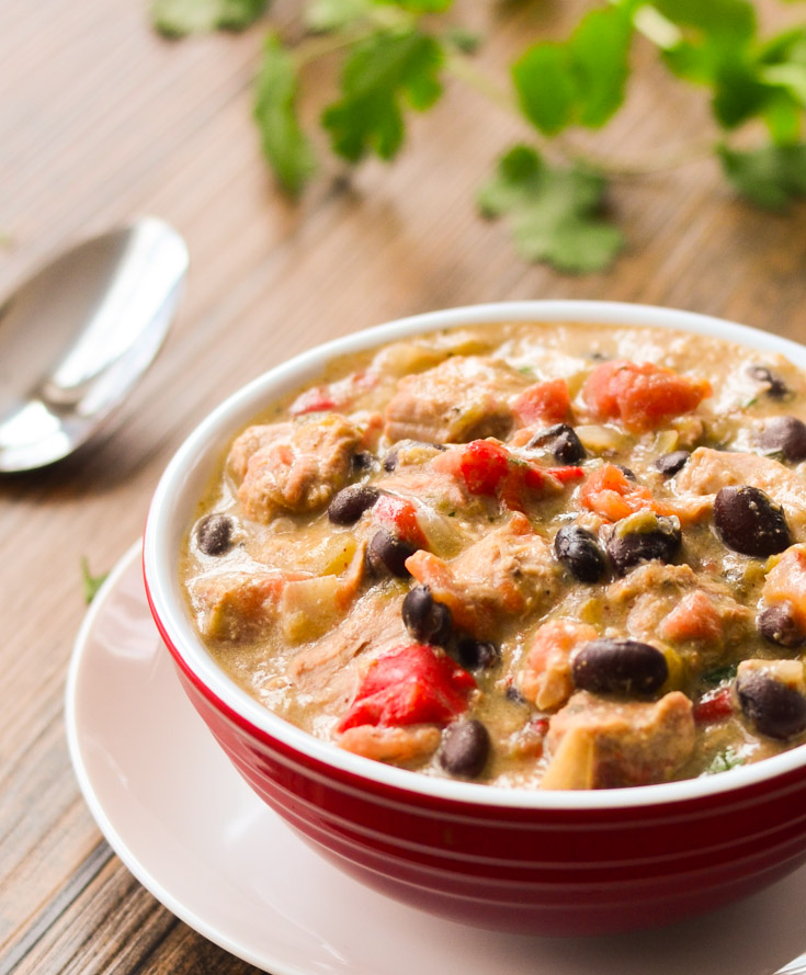 Cheesy, Pork Guiso Verde with Black Beans and Red Pepper