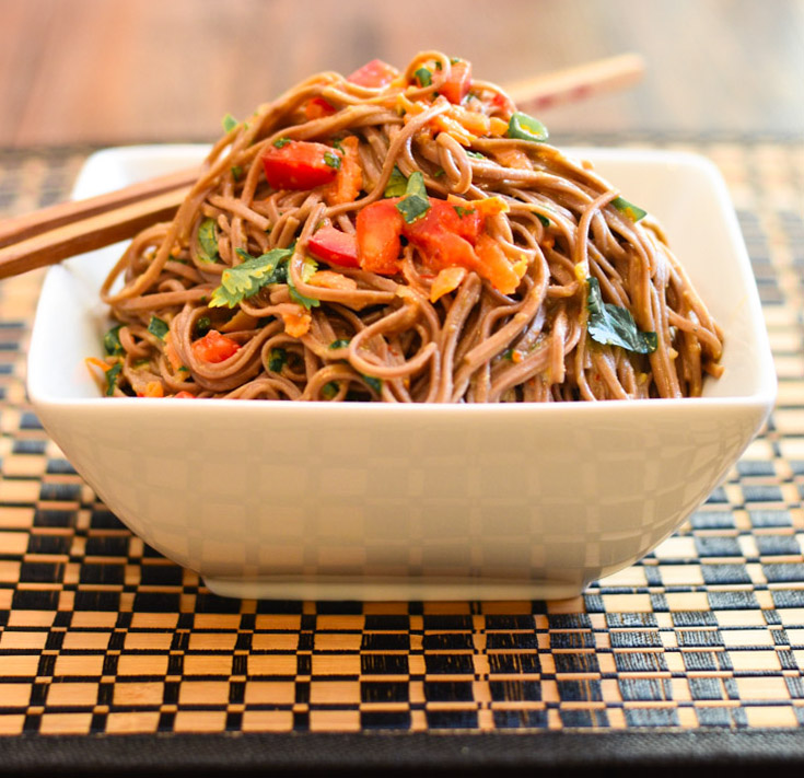 Soba Noodle Hummus Salad with Fresh Herbs, Red Pepper, and Carrots