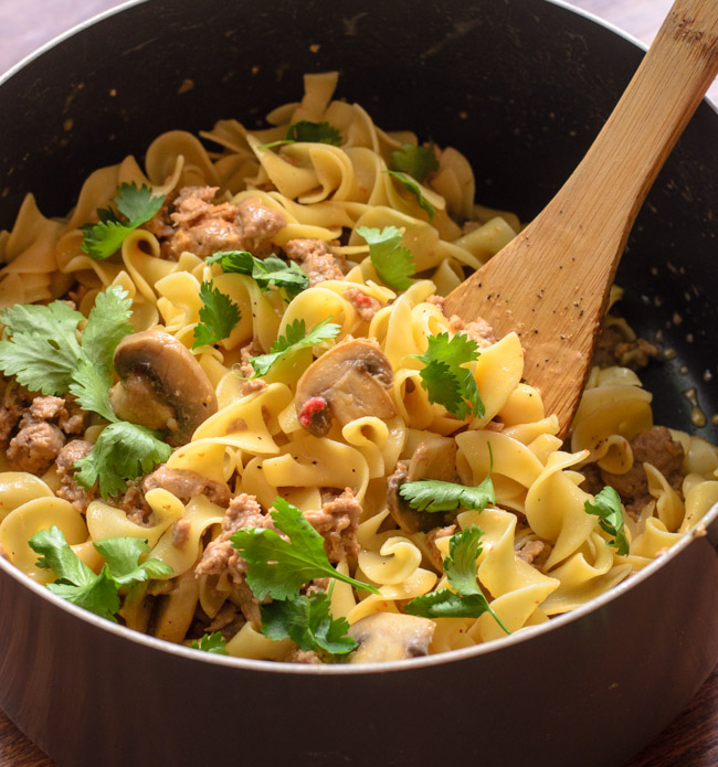 Creamy Sriracha Noodles with Turkey and Mushrooms