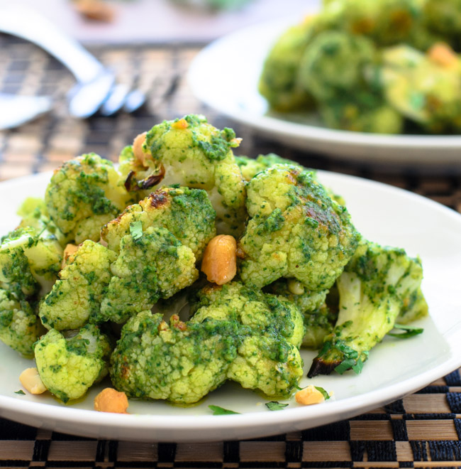 Roasted Cauliflower with Curried Cashew Cilantro Pesto.  Ah-mazing don't-judge-a-book-by-it's-cover flavor!- The Spice Kit Recipes