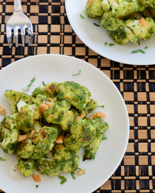 Roasted Cauliflower with Curried Cashew Cilantro Pesto